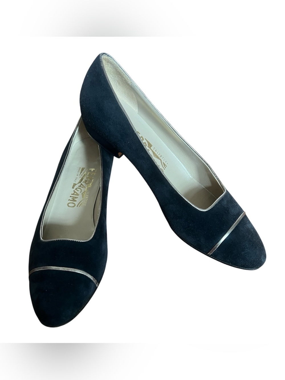 Vintage Salvatore Ferragamo Black Suede Low Block Heel Pumps Silver Trim 8B